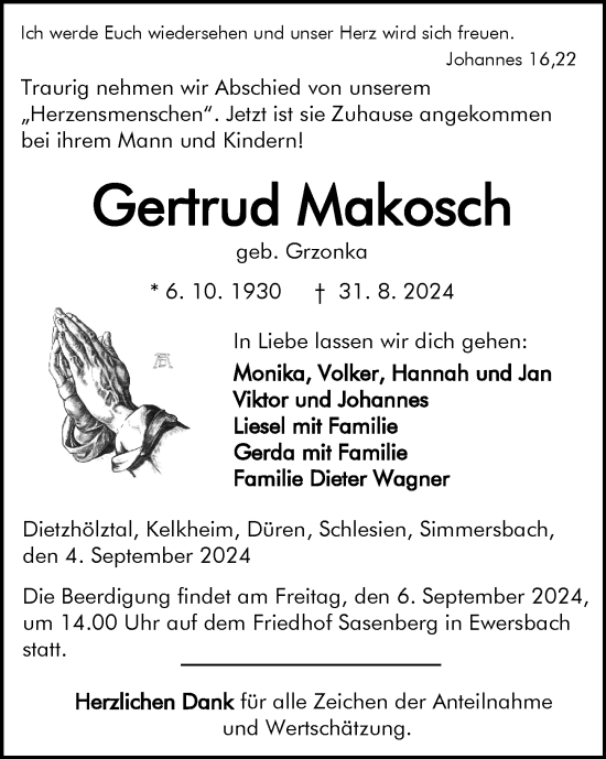 Traueranzeige von Gertrud Makosch von Dill Block