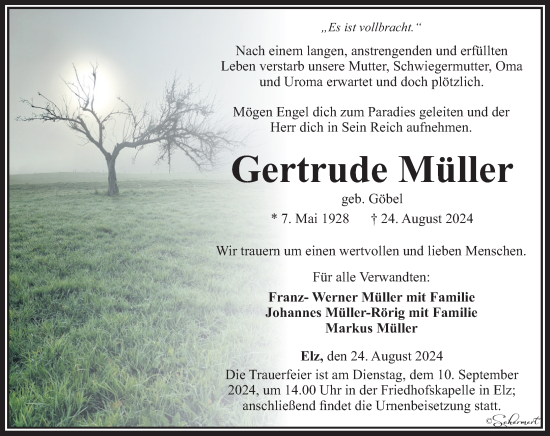 Traueranzeige von Gertrude Müller von Nassauische Neue Presse