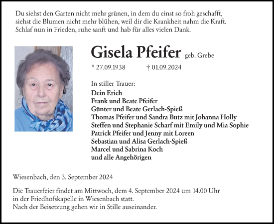 Traueranzeige von Gisela Pfeifer von Hinterländer Anzeiger