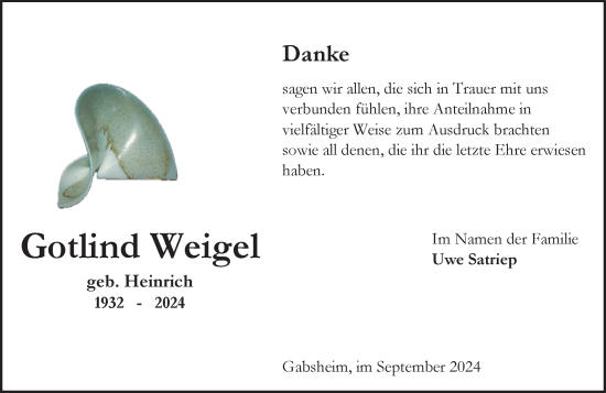 Traueranzeige von Gotlind Weigel von Allgemeine Zeitung Alzey