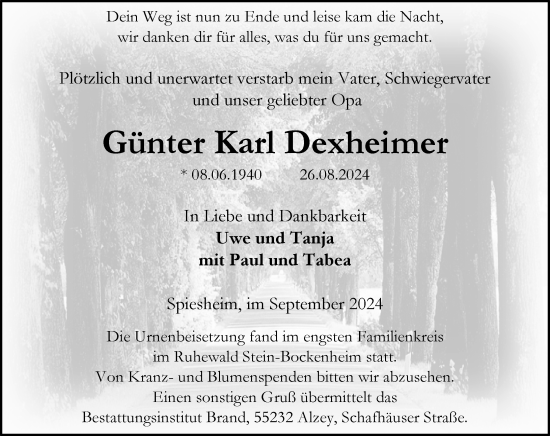 Traueranzeige von Günter Karl Dexheimer von Allgemeine Zeitung Rheinhessen-Nahe