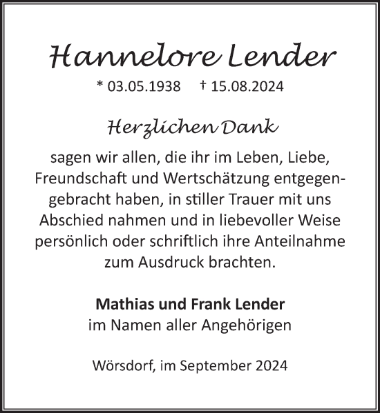Traueranzeige von Hannelore Lender von Camberger Anzeiger