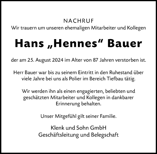 Traueranzeige von Hans Bauer von Darmstädter Echo