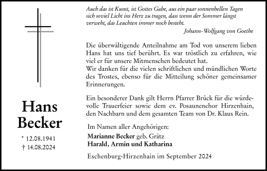 Traueranzeige von Hans Becker von Hinterländer Anzeiger