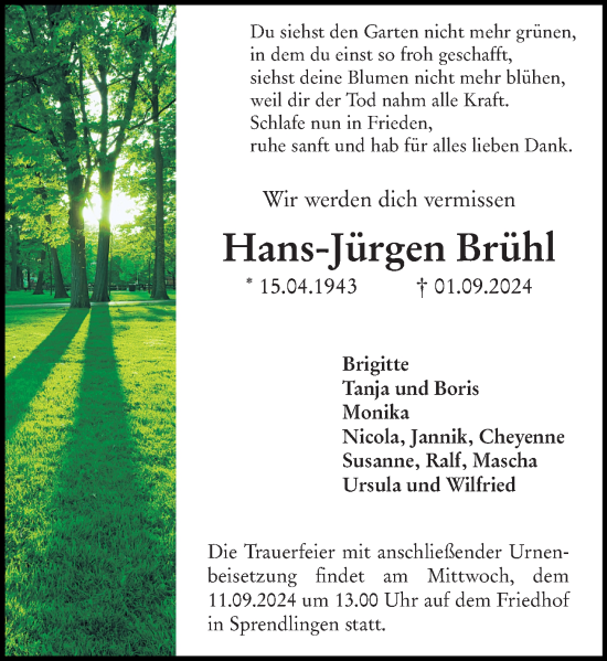 Traueranzeige von Hans-Jürgen Brühl von Allgemeine Zeitung Rheinhessen-Nahe