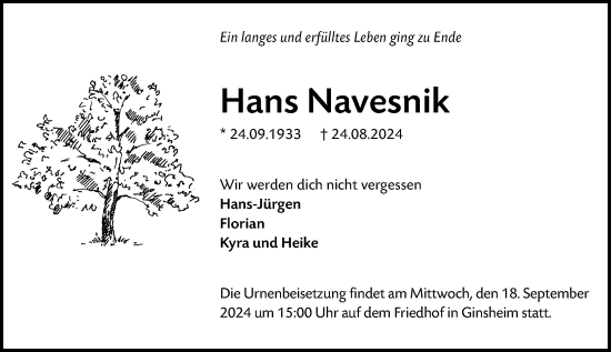 Traueranzeige von Hans Navesnik von Allgemeine Zeitung Mainz