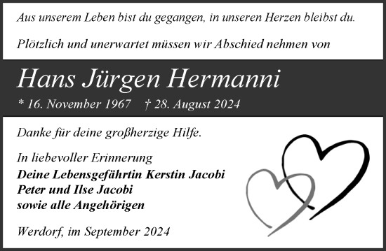 Traueranzeige von Hans Jürgen Hermanni von Dill Block