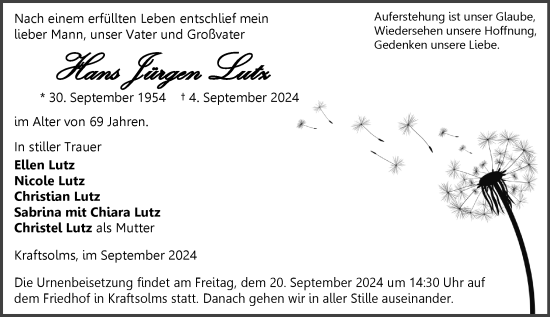 Traueranzeige von Hans Jürgen Lutz von Wetzlarer Neue Zeitung