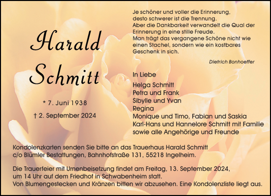 Traueranzeige von Harald Schmitt von Allgemeine Zeitung Rheinhessen-Nahe