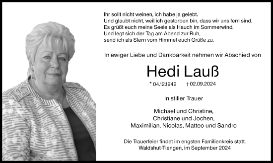 Traueranzeige von Hedi Lauß von Allgemeine Zeitung Alzey