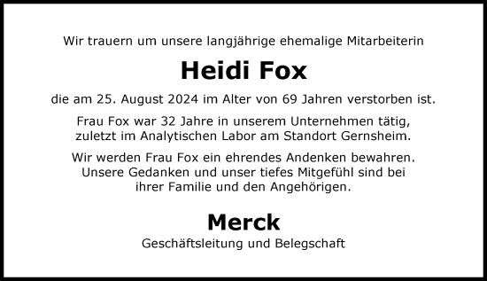 Traueranzeige von Heidi Fox von Groß-Gerauer Echo