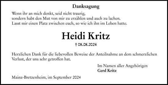 Traueranzeige von Heidi Kritz von Allgemeine Zeitung Mainz