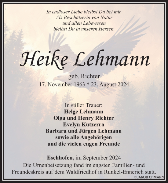 Traueranzeige von Heike Lehmann von Nassauische Neue Presse