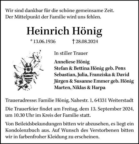 Traueranzeige von Heinrich Hönig von Darmstädter Echo