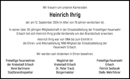 Traueranzeige von Heinrich Ihrig von Odenwälder Echo
