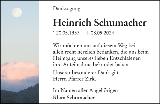 Traueranzeige von Heinrich Schumacher von Wetzlarer Neue Zeitung