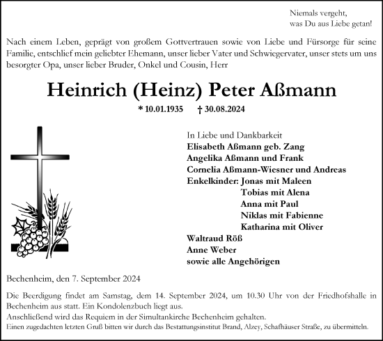 Traueranzeige von Heinrich Peter Aßmann von Allgemeine Zeitung Alzey