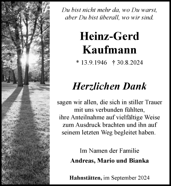 Traueranzeige von Heinz-Gerd Kaufmann von Camberger Anzeiger