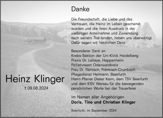 Traueranzeige von Heinz Klinger von Odenwälder Echo