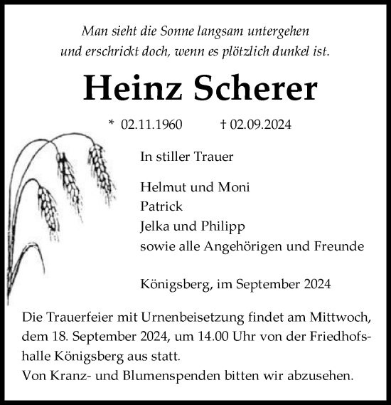 Traueranzeige von Heinz Scherer von Wetzlarer Neue Zeitung