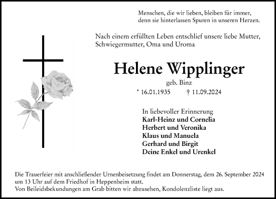 Traueranzeige von Helene Wipplinger von Starkenburger Echo