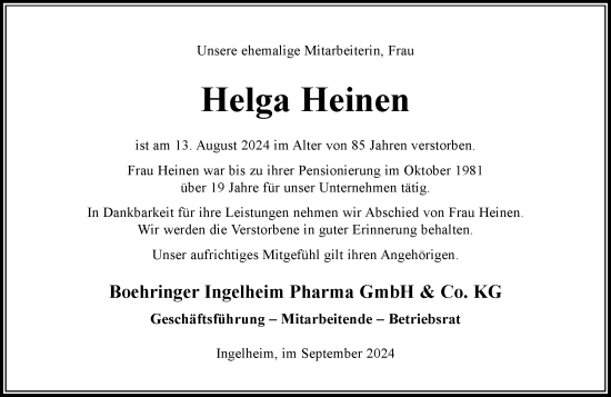 Traueranzeige von Helga Heinen von Allgemeine Zeitung Rheinhessen-Nahe