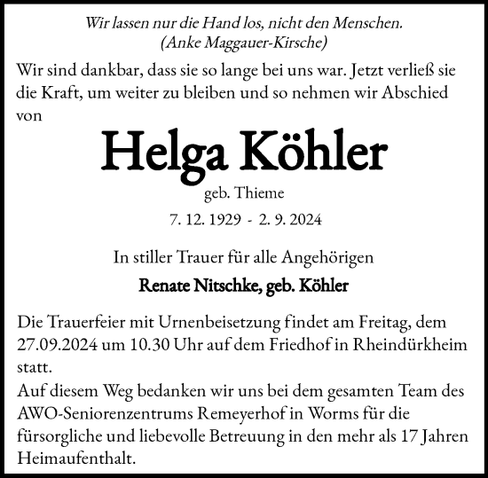Traueranzeige von Helga Köhler von Wormser Zeitung