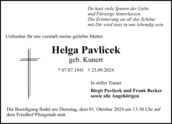 Traueranzeige von Helga Pavlicek von Darmstädter Echo