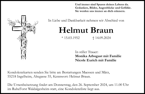 Traueranzeige von Helmut Braun von Allgemeine Zeitung Rheinhessen-Nahe