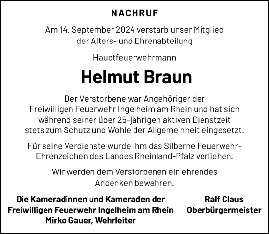 Traueranzeige von Helmut Braun von Allgemeine Zeitung Rheinhessen-Nahe