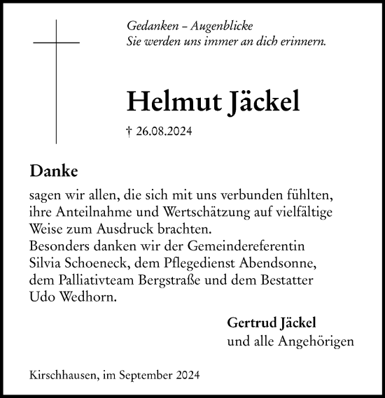 Traueranzeige von Helmut Jäckel von Starkenburger Echo