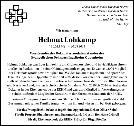 Traueranzeige von Helmut Lohkamp von Allgemeine Zeitung Rheinhessen-Nahe