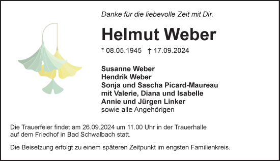 Traueranzeige von Helmut Weber von Wiesbadener Kurier