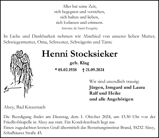 Traueranzeige von Henni Stocksieker von Allgemeine Zeitung Rheinhessen-Nahe