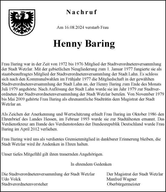 Traueranzeige von Henny Barig von Wetzlarer Neue Zeitung
