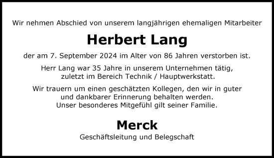 Traueranzeige von Herbert Lang von Darmstädter Echo