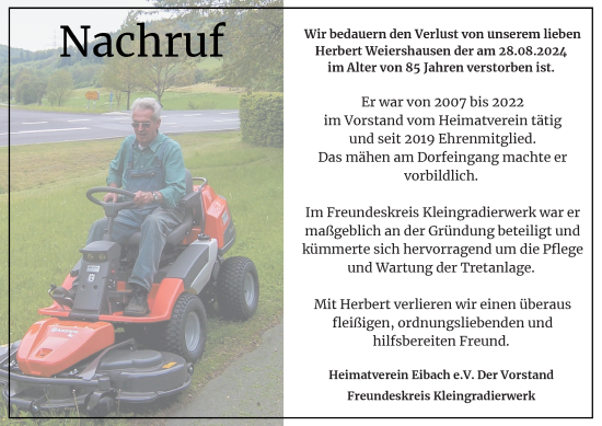 Traueranzeige von Herbert Weiershausen von Dill Block