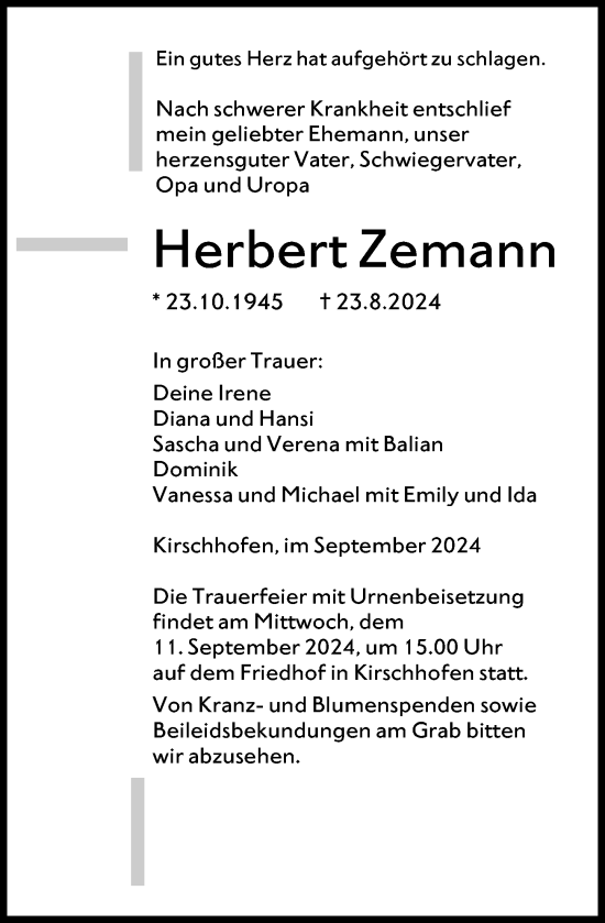 Traueranzeige von Herbert Zemann von Weilburger Tageblatt
