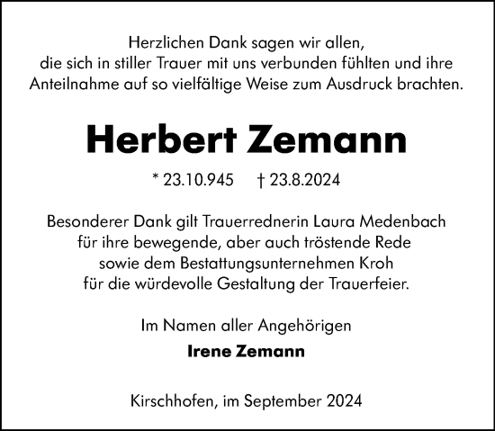 Traueranzeige von Herbert Zemann von Weilburger Tageblatt