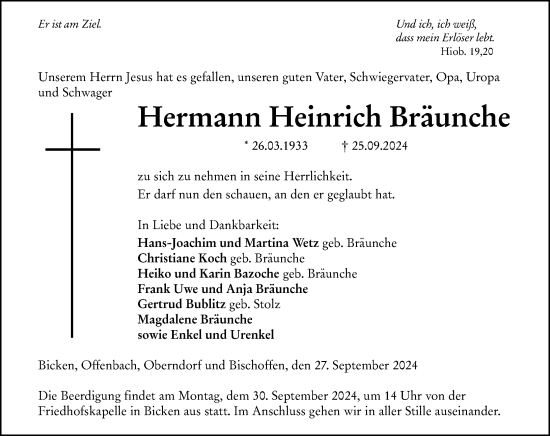 Traueranzeige von Hermann Heinrich Bräunche von Dill Block