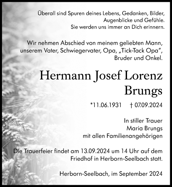 Traueranzeige von Hermann Josef Lorenz Brungs von Dill Block