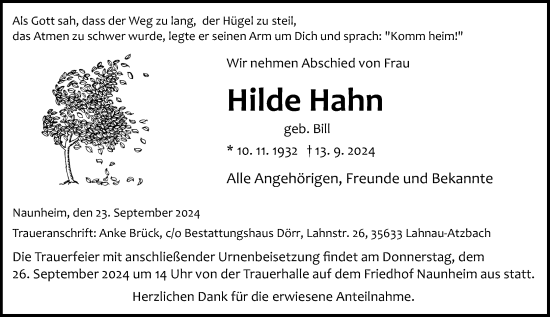 Traueranzeige von Hilde Hahn von Wetzlarer Neue Zeitung