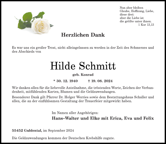 Traueranzeige von Hilde Schmitt von Allgemeine Zeitung Rheinhessen-Nahe
