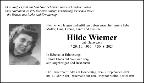 Traueranzeige von Hilde Wiemer von Allgemeine Zeitung Mainz