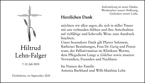 Traueranzeige von Hiltrud Lehn-Falger von Wormser Zeitung