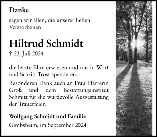 Traueranzeige von Hiltrud Schmidt von Wormser Zeitung