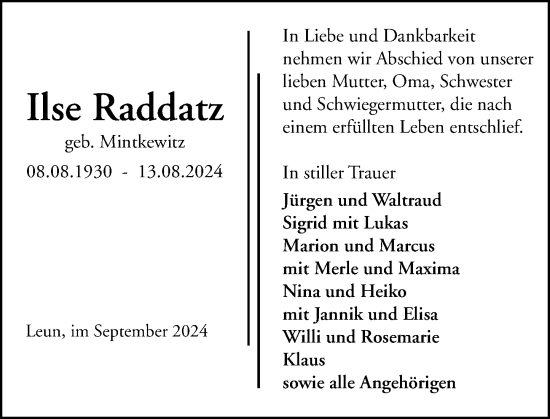 Traueranzeige von Ilse Raddatz von Wetzlarer Neue Zeitung