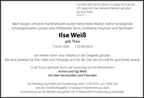 Traueranzeige von Ilse Weiß von Dill Block