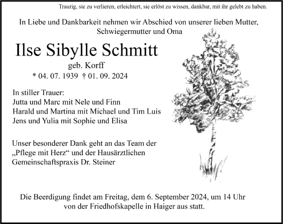 Traueranzeige von Ilse Sibylle Schmitt von Dill Block