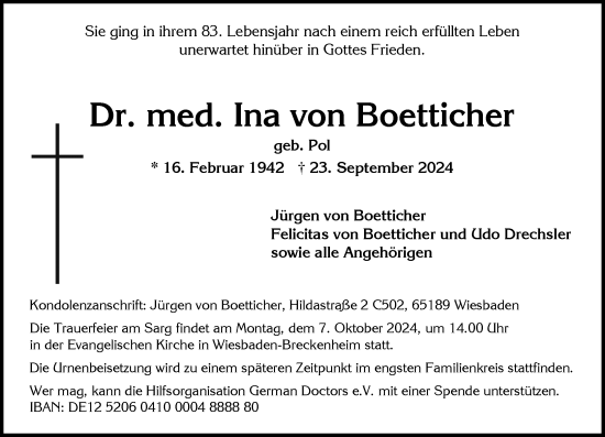 Traueranzeige von Ina von Boetticher von Wiesbadener Kurier
